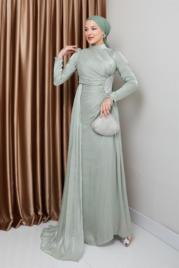 فستان سهرة حرير من يوريو للحجاب مع حجر خصر وتفاصيل تجميع أخضر فاتح 1233