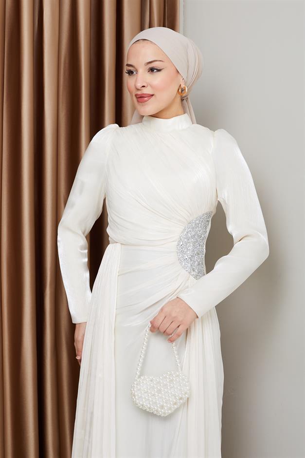 فستان سهرة حرير من يوريو للحجاب مع حجر خصر وتفاصيل تجميع وحدة التحكم الإلكترونية 1233