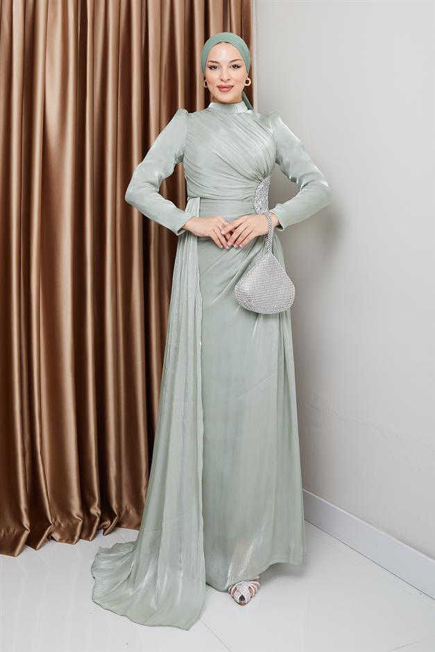 فستان سهرة حرير من يوريو للحجاب مع حجر خصر وتفاصيل تجميع أخضر فاتح 1233