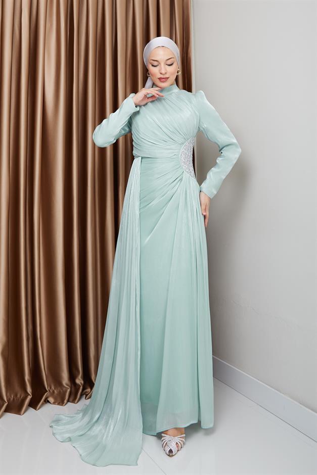 فستان سهرة حرير من يوريو للحجاب مع حجر خصر وتفاصيل تجميع مثل 1233