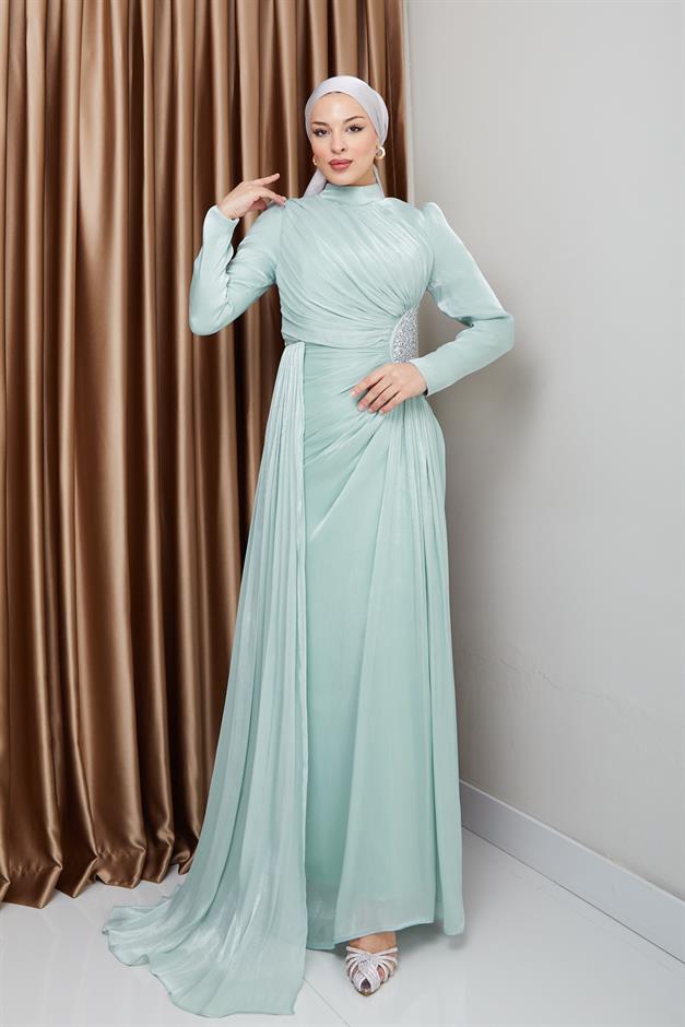 فستان سهرة حرير من يوريو للحجاب مع حجر خصر وتفاصيل تجميع مثل 1233