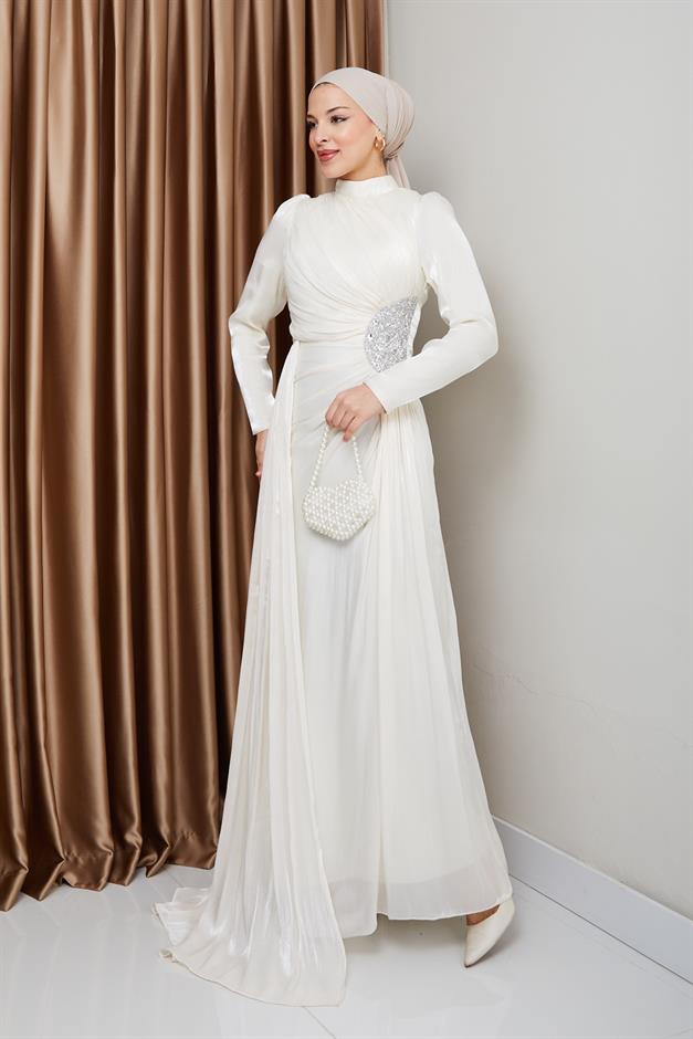 فستان سهرة حرير من يوريو للحجاب مع حجر خصر وتفاصيل تجميع وحدة التحكم الإلكترونية 1233