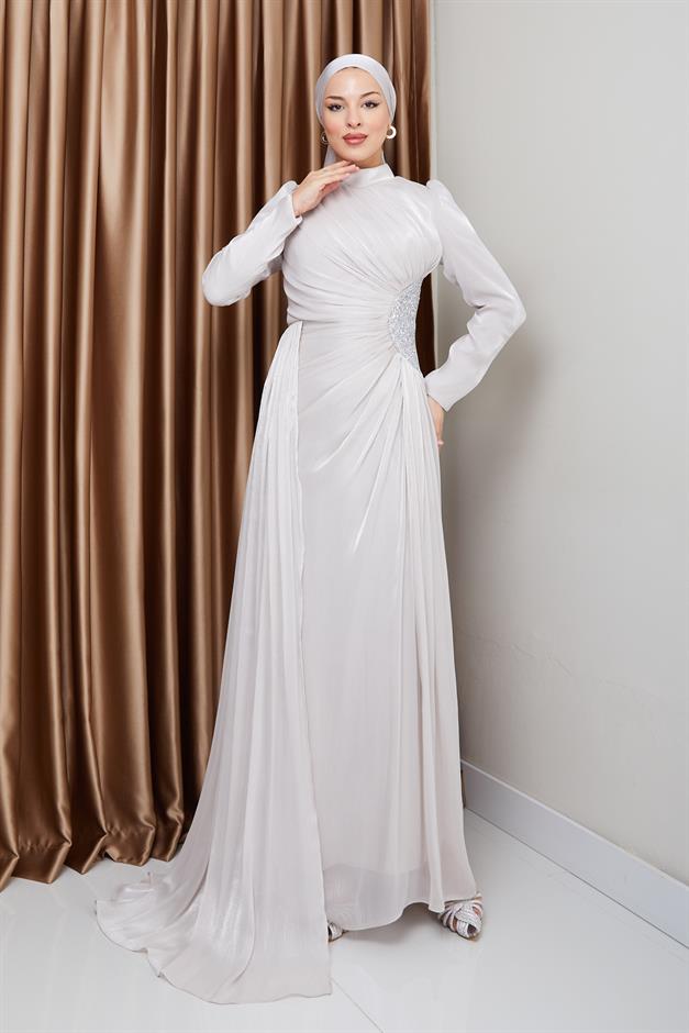 فستان سهرة حرير من يوريو للحجاب مع حجر خصر وتفاصيل تجميع حجر 1233