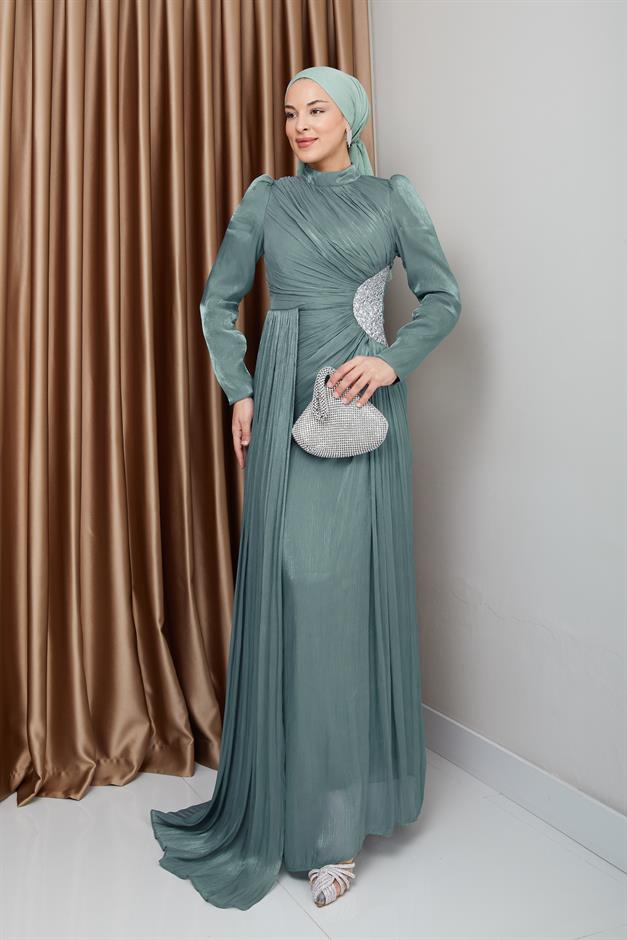 فستان سهرة حرير من يوريو للحجاب مع حجر خصر وتفاصيل تجميع أخضر مائي 1233