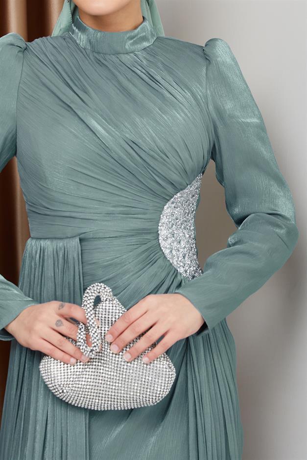 فستان سهرة حرير من يوريو للحجاب مع حجر خصر وتفاصيل تجميع أخضر مائي 1233