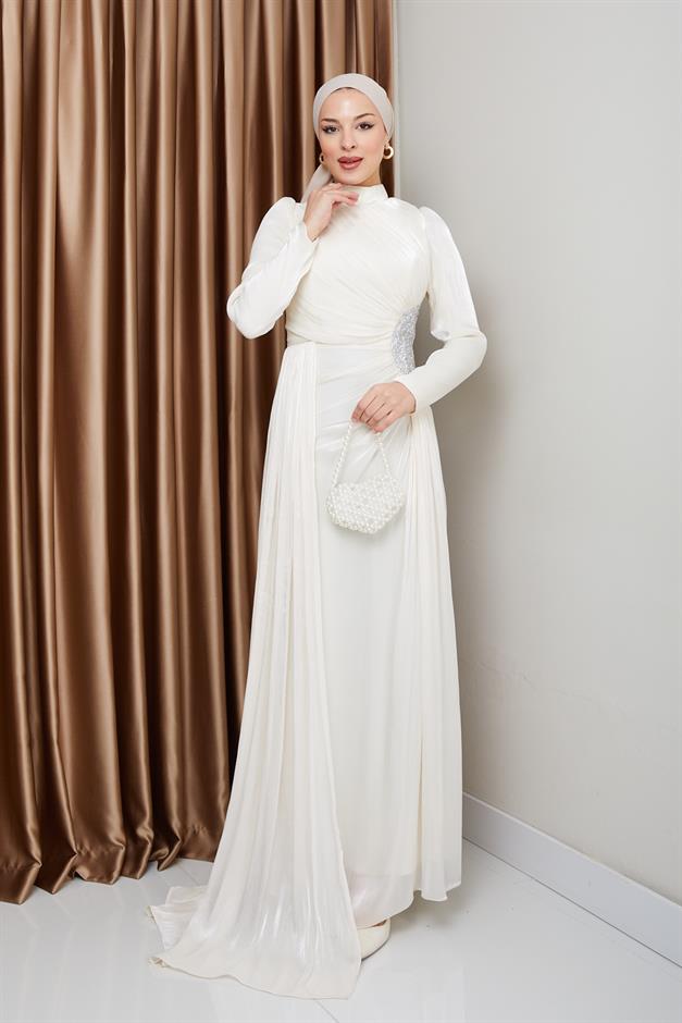 فستان سهرة حرير من يوريو للحجاب مع حجر خصر وتفاصيل تجميع وحدة التحكم الإلكترونية 1233