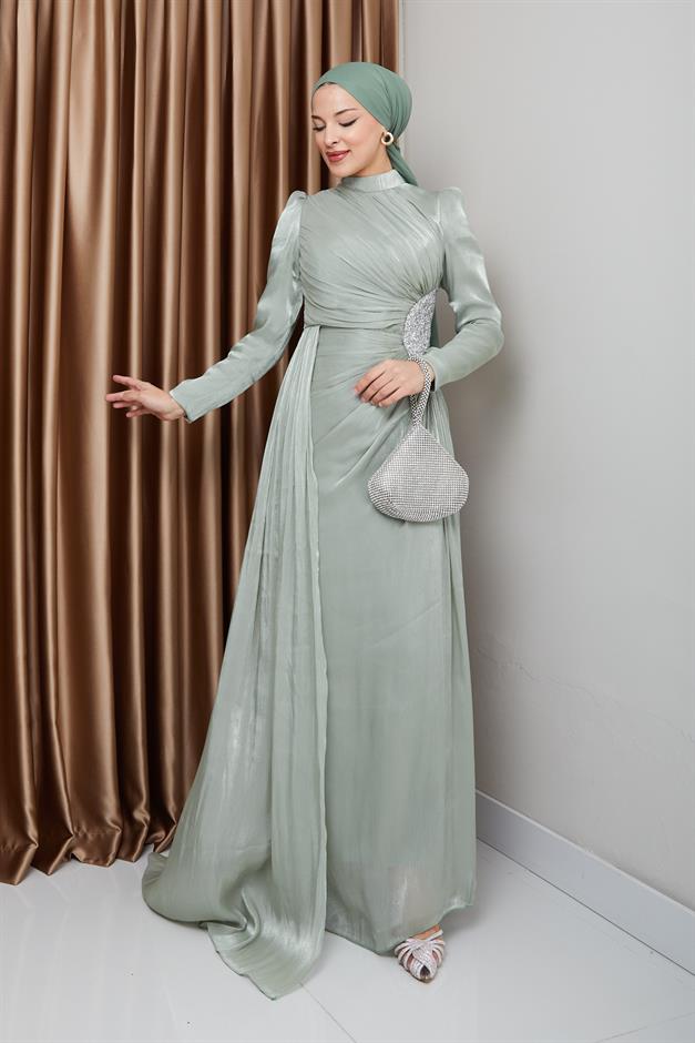 فستان سهرة حرير من يوريو للحجاب مع حجر خصر وتفاصيل تجميع أخضر فاتح 1233