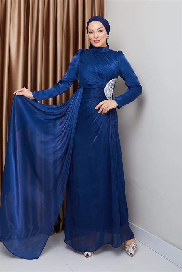 فستان سهرة حرير من يوريو للحجاب مع حجر خصر وتفاصيل تجميع ك. نيلي 1233