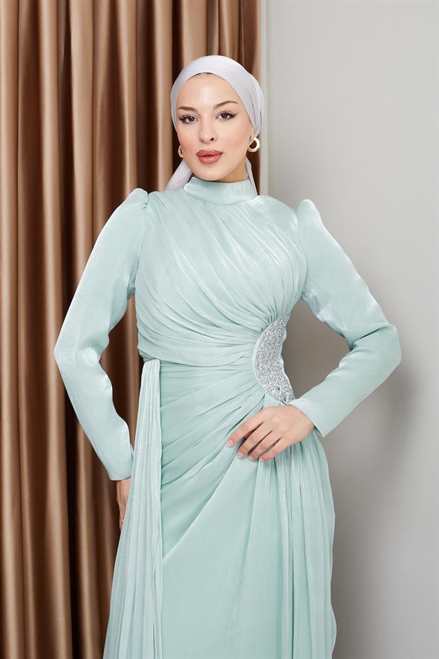 فستان سهرة حرير من يوريو للحجاب مع حجر خصر وتفاصيل تجميع مثل 1233