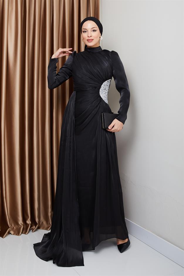 فستان سهرة حرير من يوريو للحجاب مع حجر خصر وتفاصيل تجميع أسود 1233