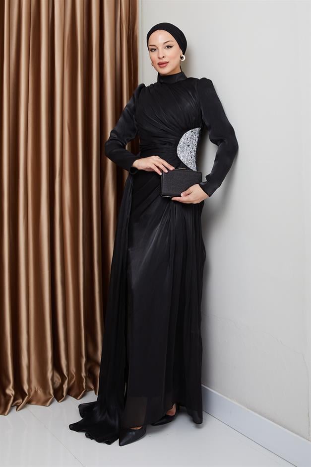 فستان سهرة حرير من يوريو للحجاب مع حجر خصر وتفاصيل تجميع أسود 1233