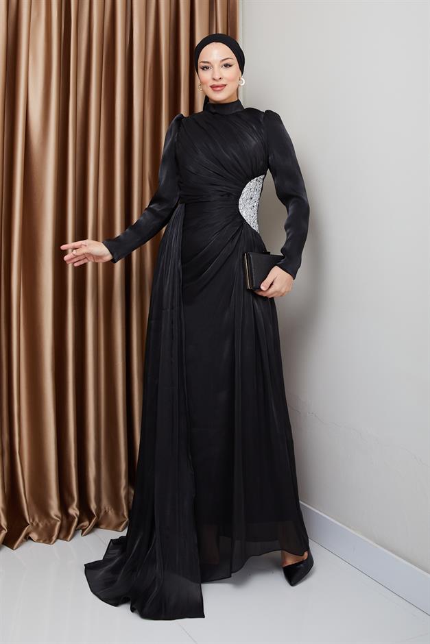 فستان سهرة حرير من يوريو للحجاب مع حجر خصر وتفاصيل تجميع أسود 1233