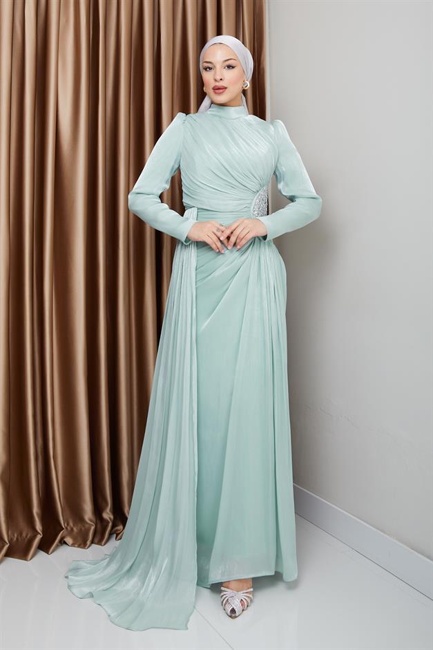 فستان سهرة حرير من يوريو للحجاب مع حجر خصر وتفاصيل تجميع مثل 1233