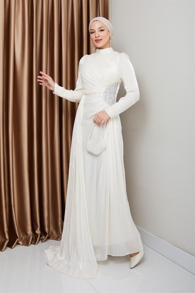 فستان سهرة حرير من يوريو للحجاب مع حجر خصر وتفاصيل تجميع وحدة التحكم الإلكترونية 1233