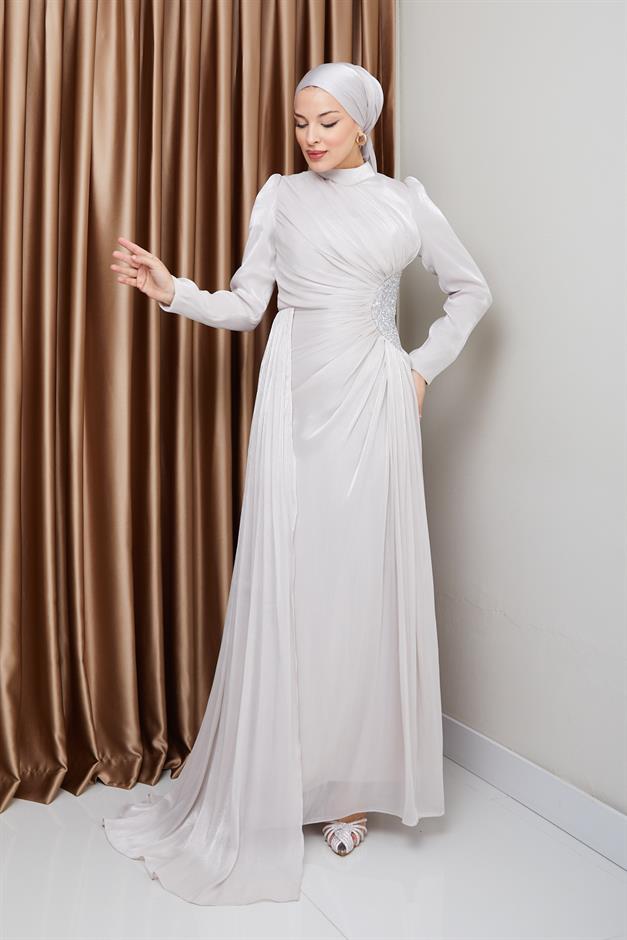 فستان سهرة حرير من يوريو للحجاب مع حجر خصر وتفاصيل تجميع حجر 1233