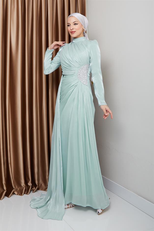 فستان سهرة حرير من يوريو للحجاب مع حجر خصر وتفاصيل تجميع مثل 1233