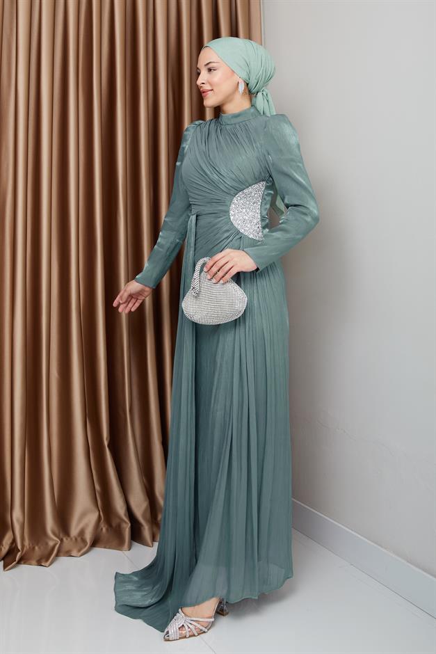 فستان سهرة حرير من يوريو للحجاب مع حجر خصر وتفاصيل تجميع أخضر مائي 1233