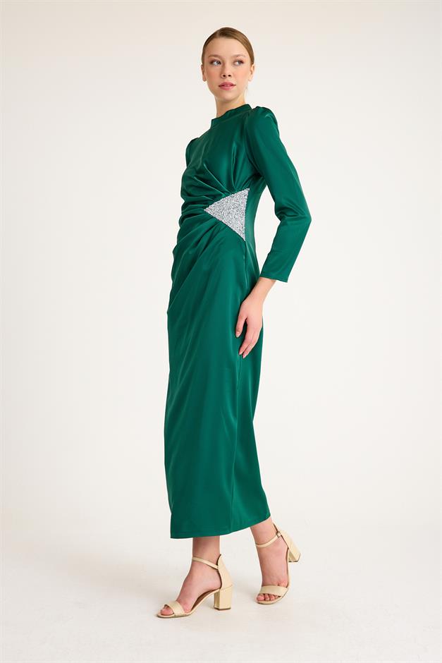 فستان سهرة ساتان مع حجر خصر وتفاصيل مطوية أخضر 4898-E