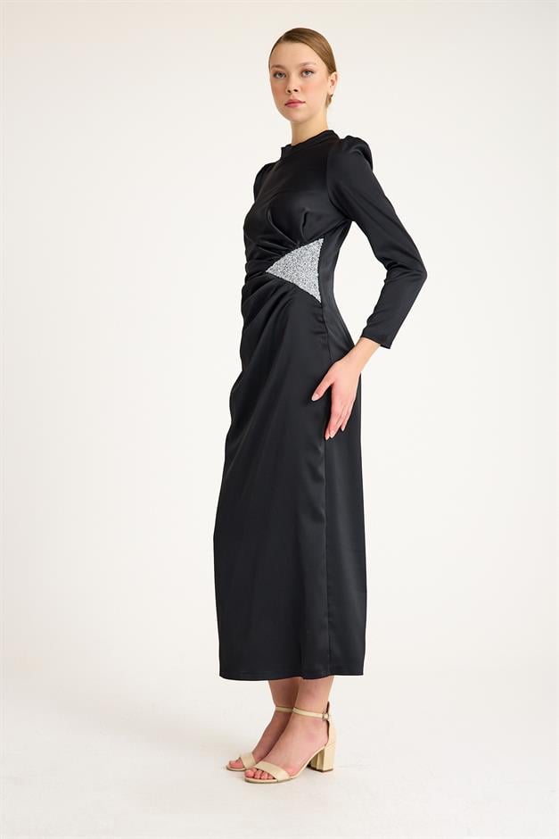 Satin Evening Dress with Waist Stone and Pleat Detail BLACK 4898-E