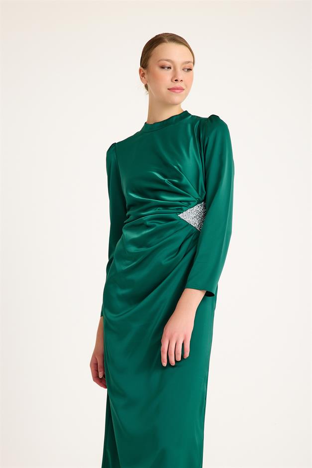 فستان سهرة ساتان مع حجر خصر وتفاصيل مطوية أخضر 4898-E
