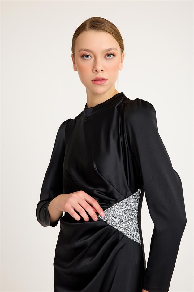 Satin Evening Dress with Waist Stone and Pleat Detail BLACK 4898-E