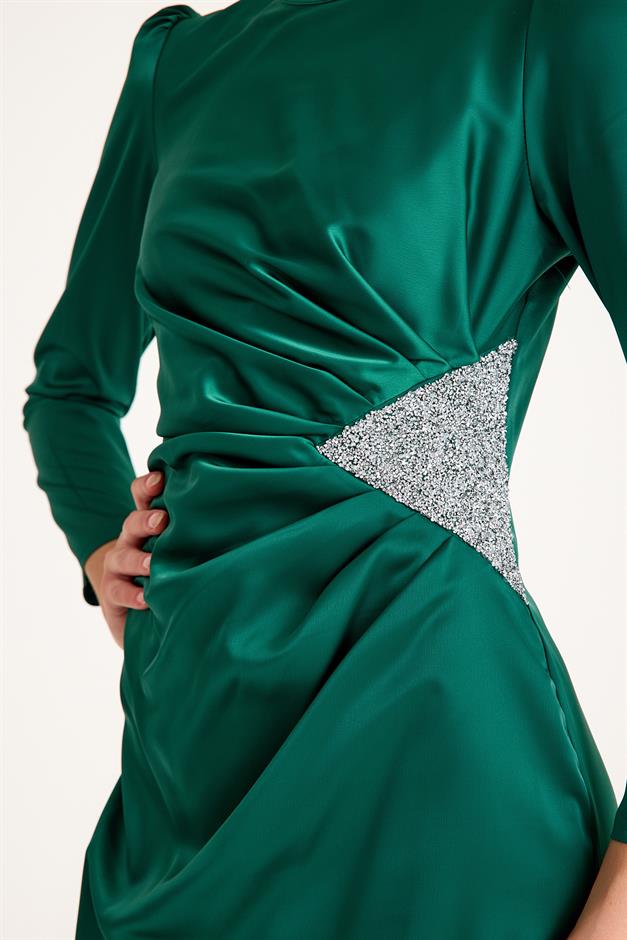 فستان سهرة ساتان مع حجر خصر وتفاصيل مطوية أخضر 4898-E