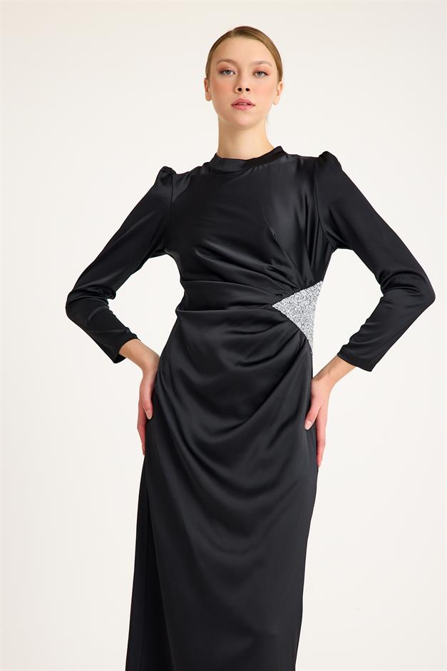 Satin Evening Dress with Waist Stone and Pleat Detail BLACK 4898-E