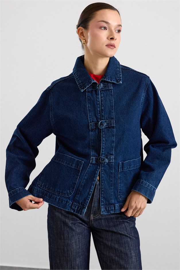 Birit Kapamalı Denim Ceket KOYU MAVİ 8297
