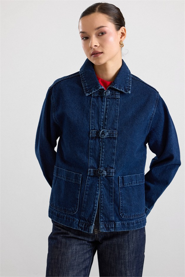 Birit Kapamalı Denim Ceket KOYU MAVİ 8297