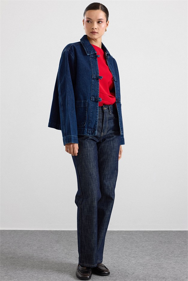 Birit Kapamalı Denim Ceket KOYU MAVİ 8297