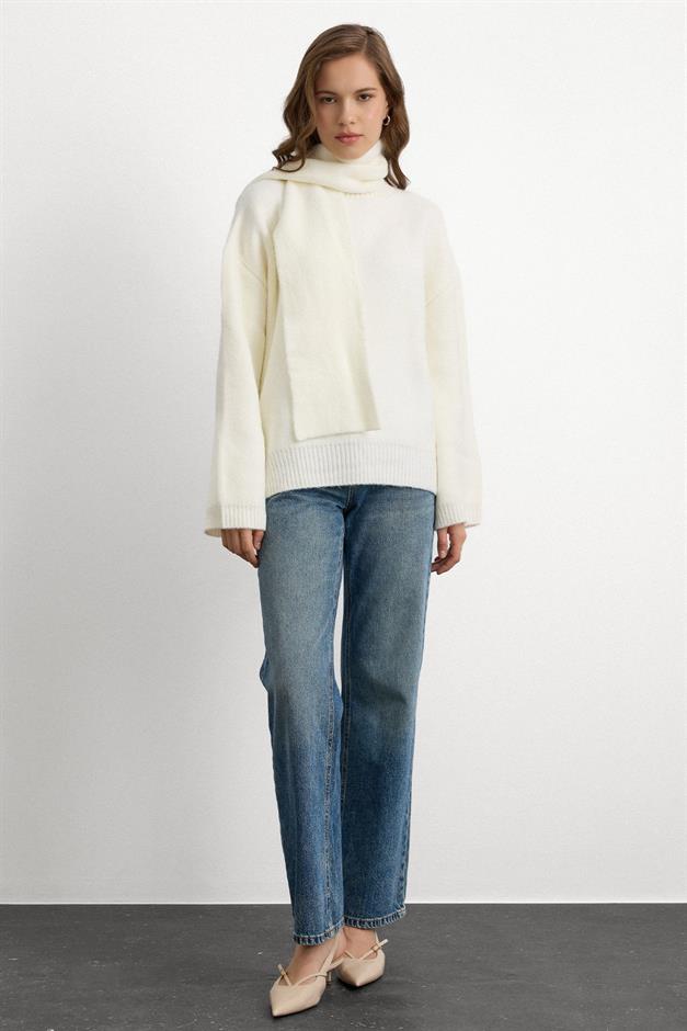 Bisiklet Yaka Atkı Salaş Kalın Kazak EKRU 8280