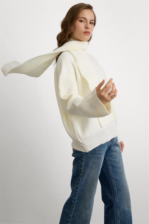 Bisiklet Yaka Atkı Salaş Kalın Kazak EKRU 8280