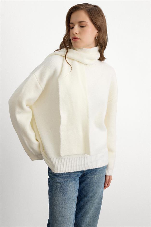 Bisiklet Yaka Atkı Salaş Kalın Kazak EKRU 8280