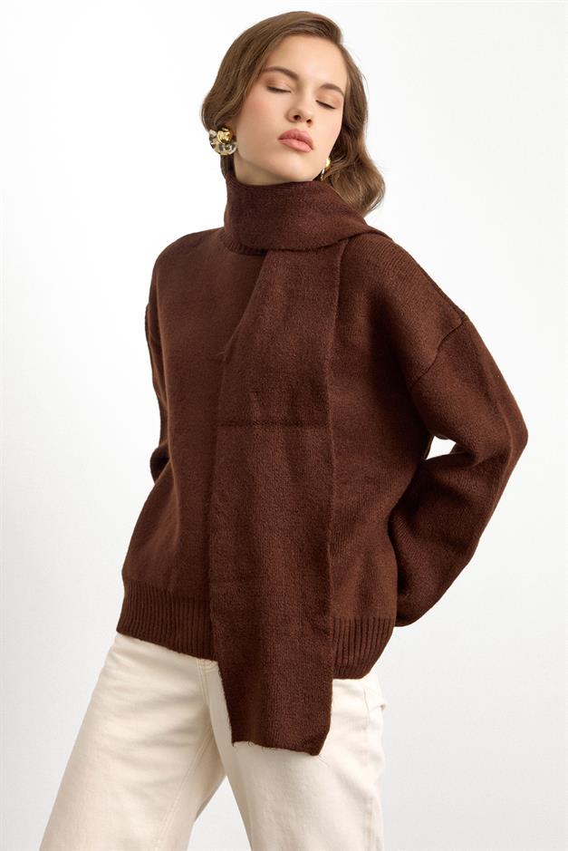 Bisiklet Yaka Atkı Salaş Kalın Kazak KAHVE 8280