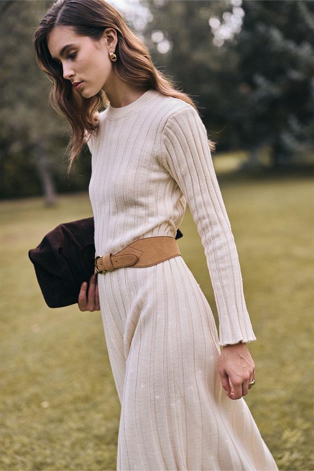 Crew Neck Thick Ribbed Long Knit Dress CREAM 9363-E