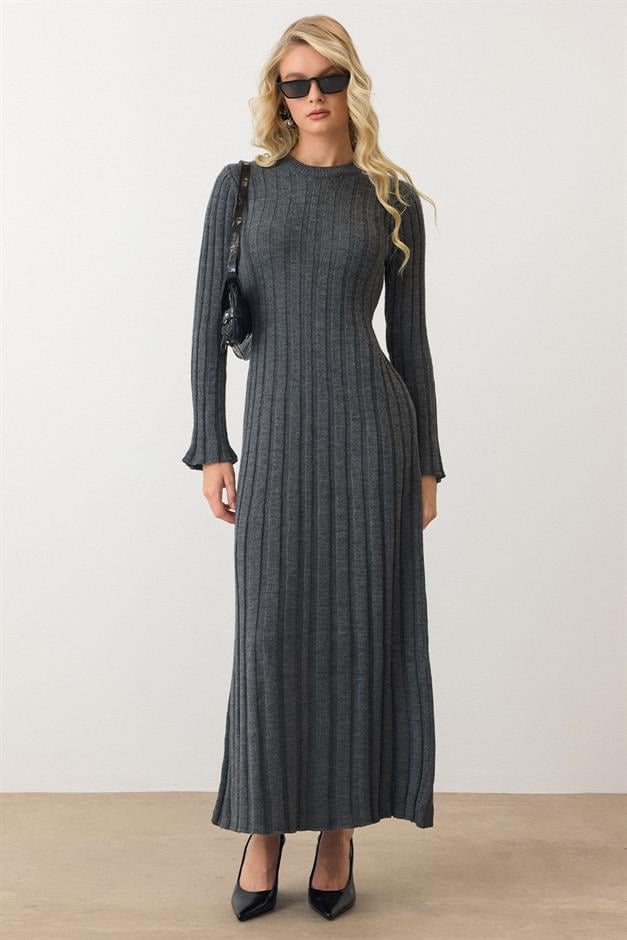 Crew Neck Thick Ribbed Long Knit Dress GREY 9363-E