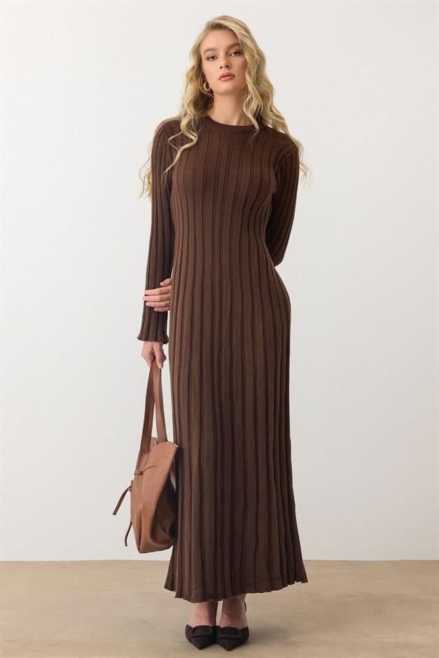 Crew Neck Thick Ribbed Long Knit Dress COFFEE 9363-E