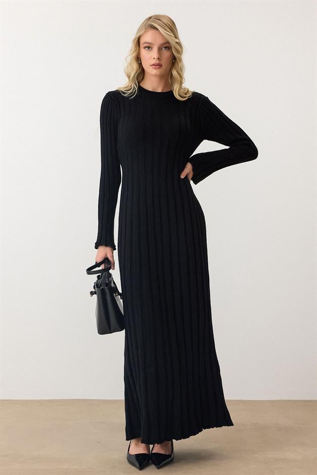 Crew Neck Thick Ribbed Long Knit Dress BLACK 9363-E