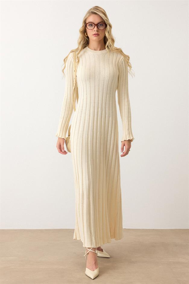 Crew Neck Thick Ribbed Long Knit Dress CREAM 9363-E