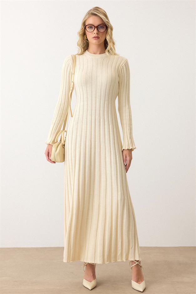 Crew Neck Thick Ribbed Long Knit Dress CREAM 9363-E