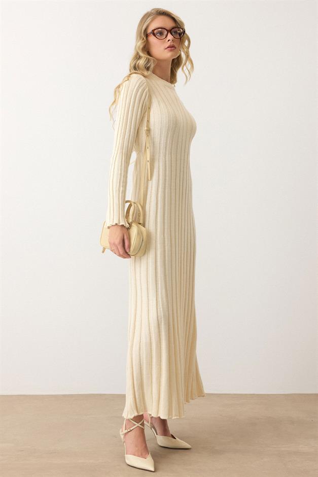Crew Neck Thick Ribbed Long Knit Dress CREAM 9363-E