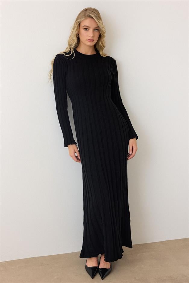 Crew Neck Thick Ribbed Long Knit Dress BLACK 9363-E