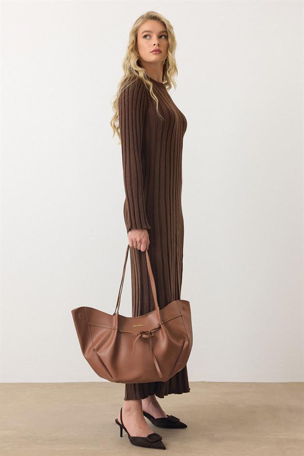 Crew Neck Thick Ribbed Long Knit Dress COFFEE 9363-E
