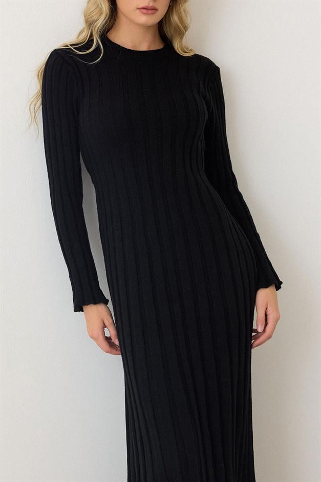 Crew Neck Thick Ribbed Long Knit Dress BLACK 9363-E