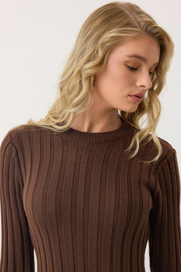 Crew Neck Thick Ribbed Long Knit Dress COFFEE 9363-E