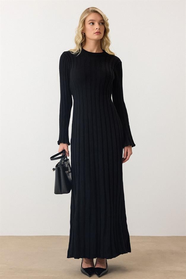 Crew Neck Thick Ribbed Long Knit Dress BLACK 9363-E