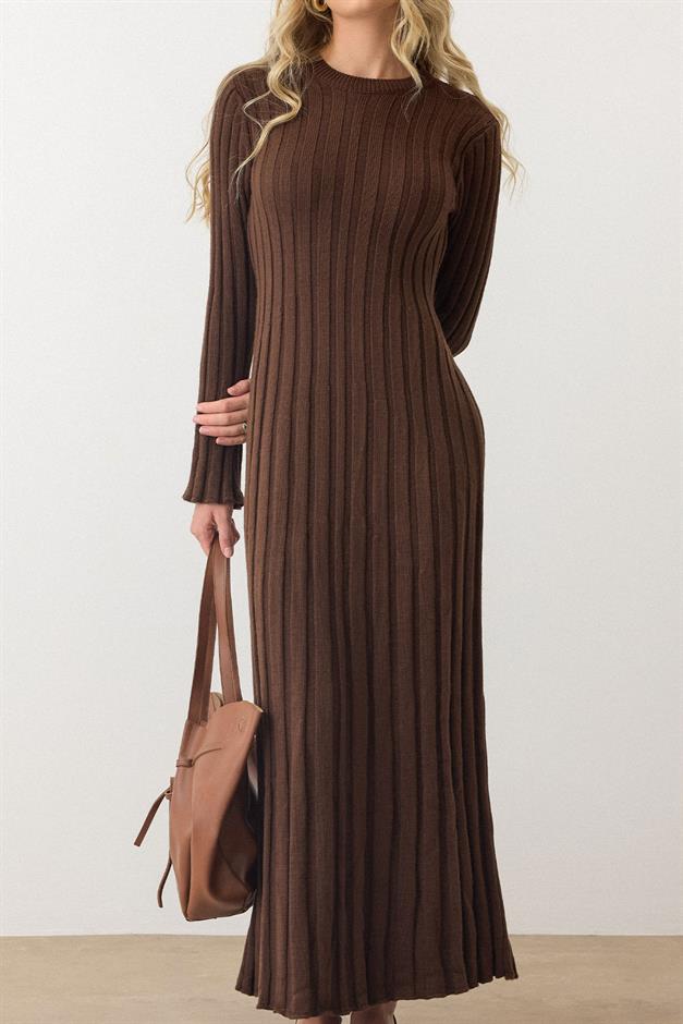 Crew Neck Thick Ribbed Long Knit Dress COFFEE 9363-E