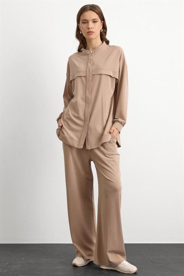 Bisiklet Yaka Önü Patlı Premium Sweat İkili Takım BEJ 9384-TK