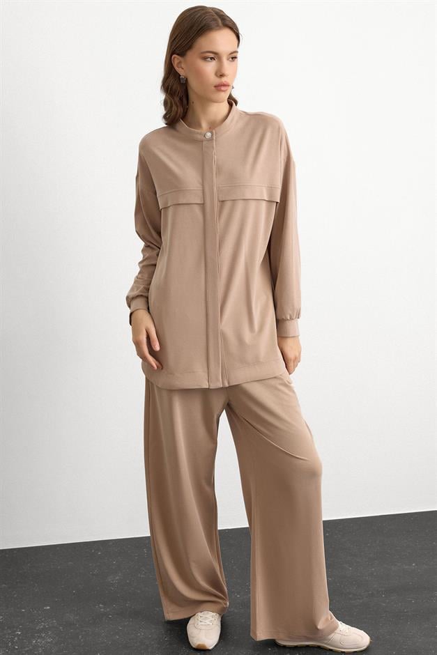 Bisiklet Yaka Önü Patlı Premium Sweat İkili Takım BEJ 9384-TK