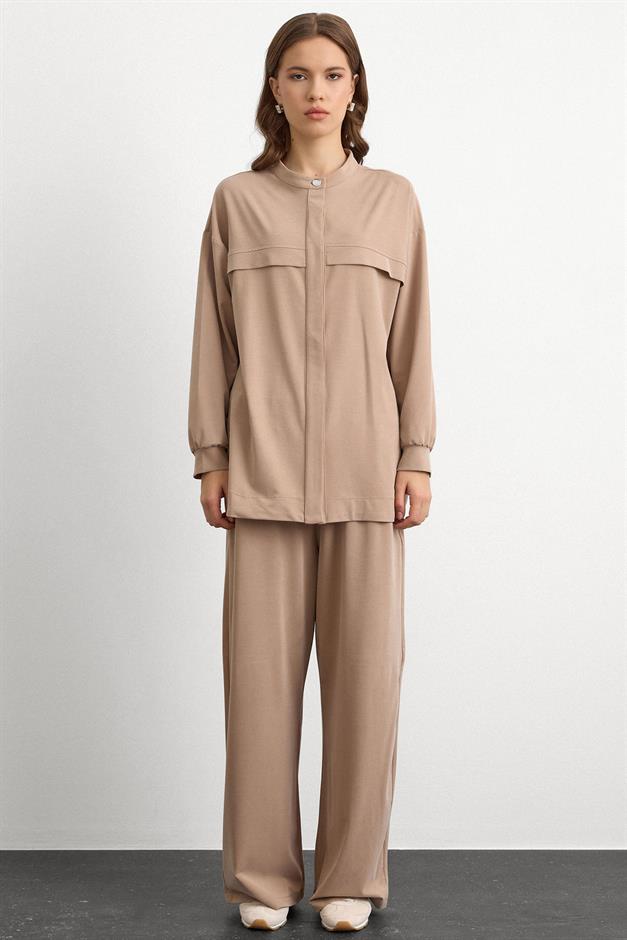 Bisiklet Yaka Önü Patlı Premium Sweat İkili Takım BEJ 9384-TK